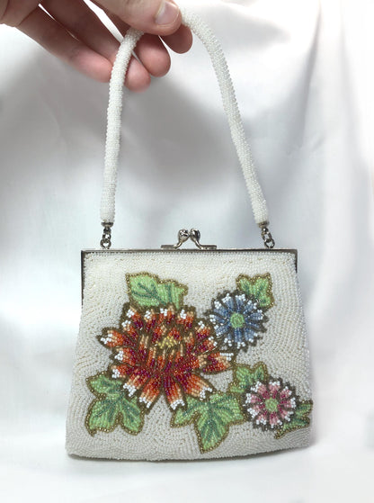 Miniature beaded kimono handbag - white with red, pink, and blue flowers
