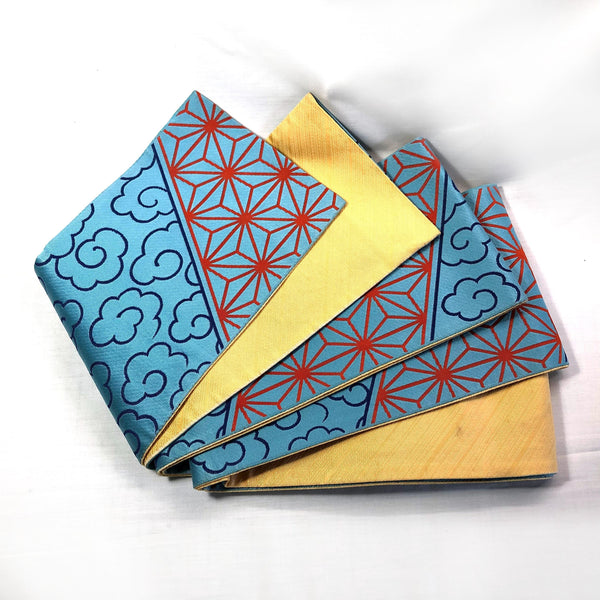 Reversible Japanese hanhaba obi - light blue and yellow with traditional red patterns (B grade)
