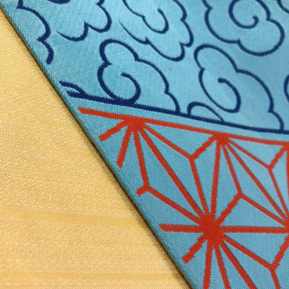 Reversible Japanese hanhaba obi - light blue and yellow with traditional red patterns (B grade)