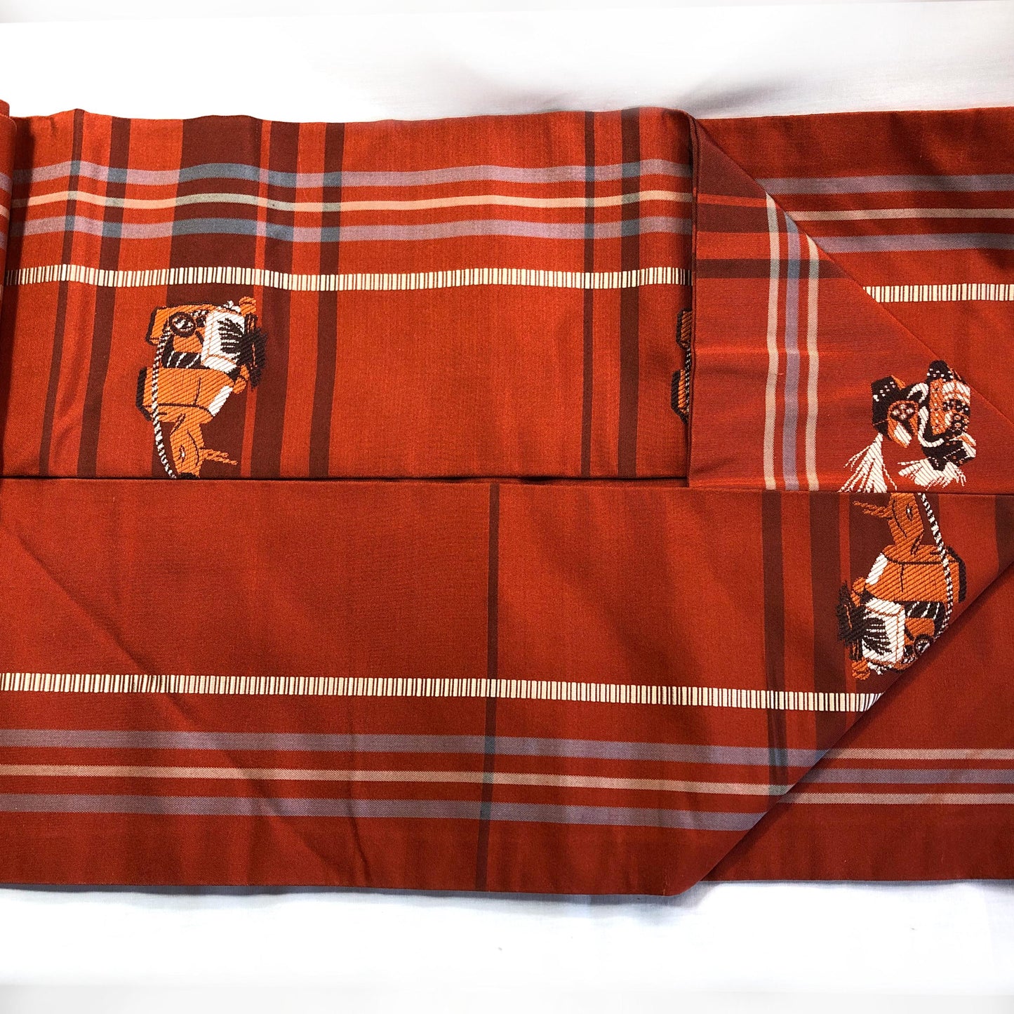Casual Nagoya obi - terracota red with akabeko and miharu-koma pattern