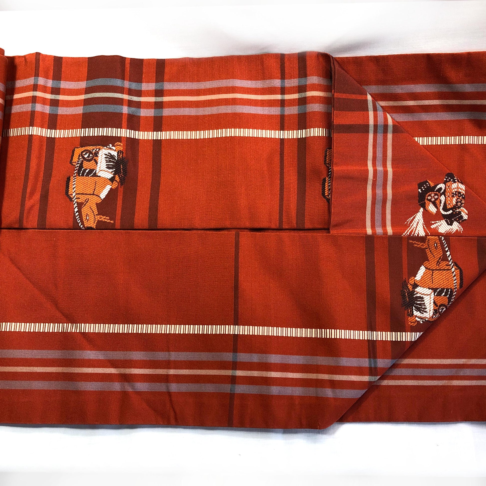 Casual Nagoya obi - terracota red with akabeko and miharu-koma pattern