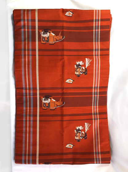 Casual Nagoya obi - terracota red with akabeko and miharu-koma pattern