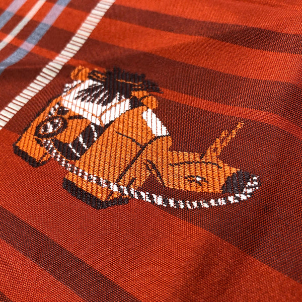 Casual Nagoya obi - terracota red with akabeko and miharu-koma pattern