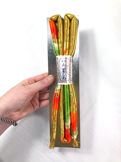 Set of kimono accessories and a bag for children - orange, green, and golden cranes pattern