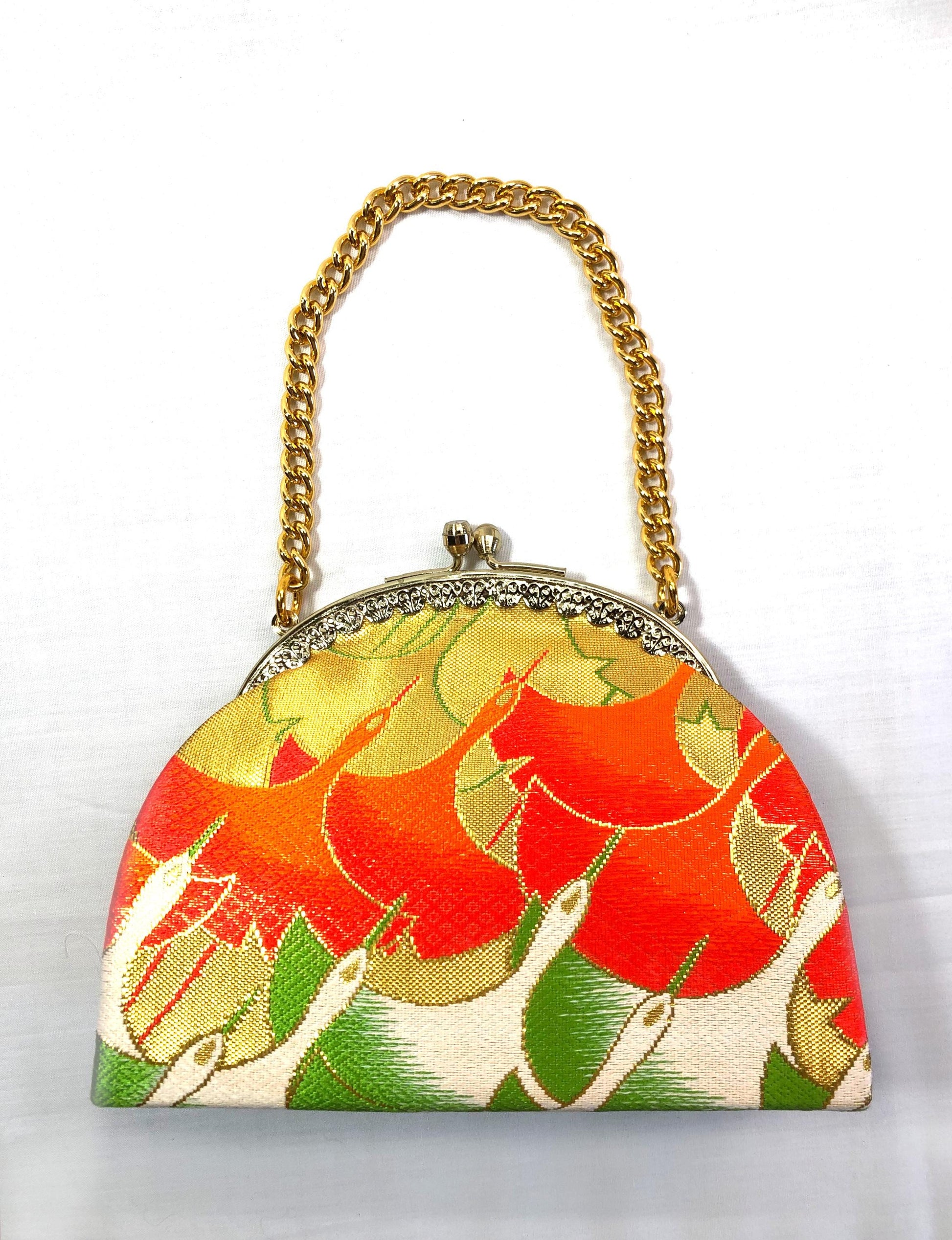 Set of kimono accessories and a bag for children - orange, green, and golden cranes pattern