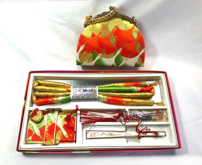 Set of kimono accessories and a bag for children - orange, green, and golden cranes pattern