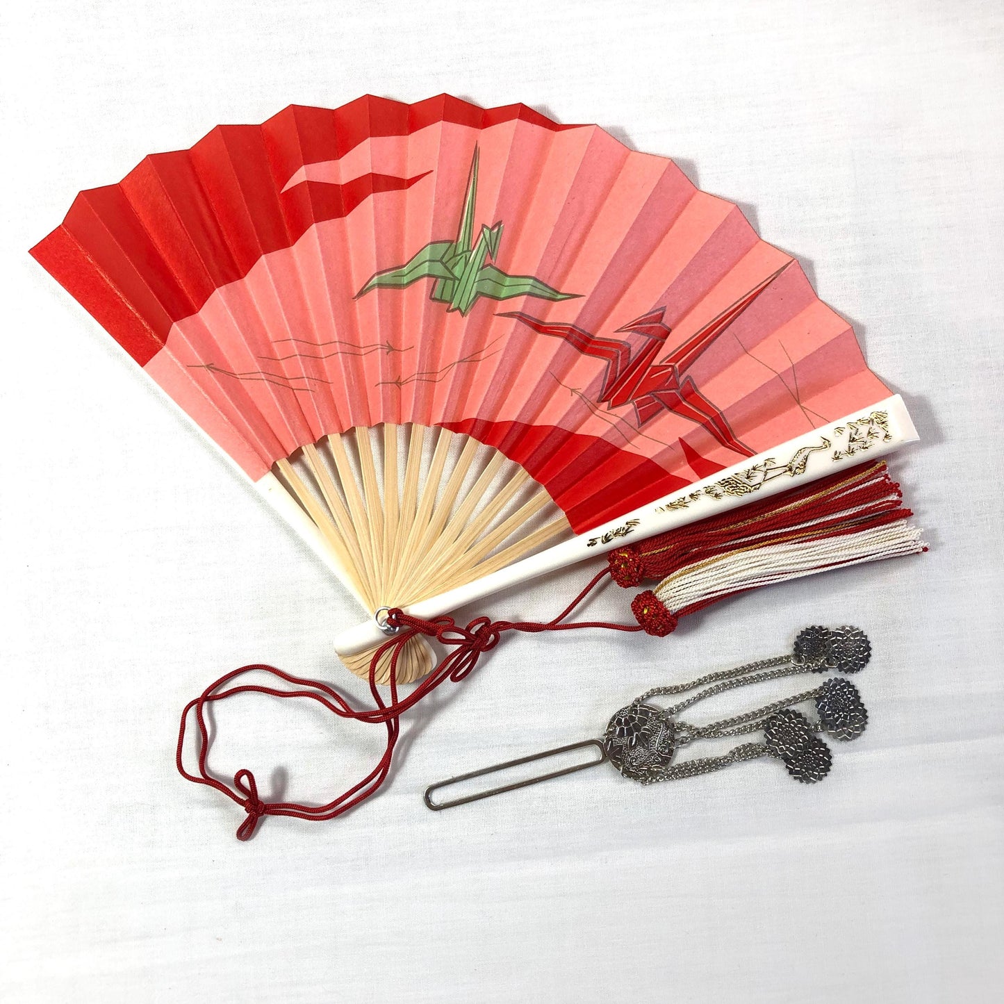 Set of kimono accessories and a bag for children - orange, green, and golden cranes pattern