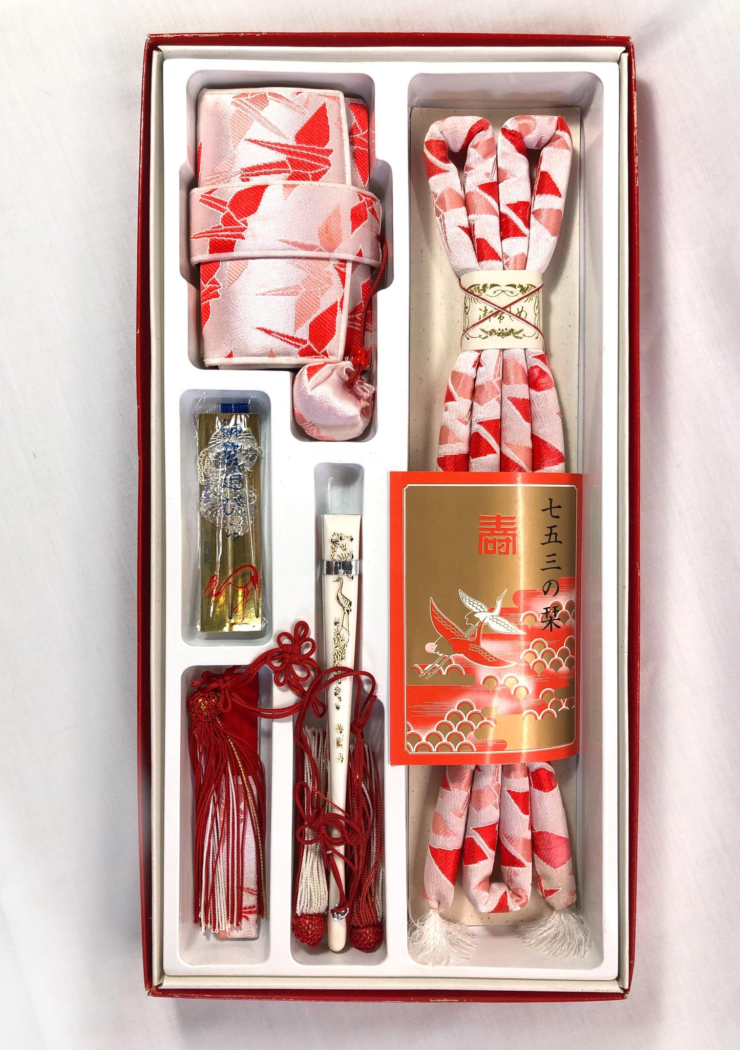 Set of kimono accessories for children - pink and red origami cranes pattern
