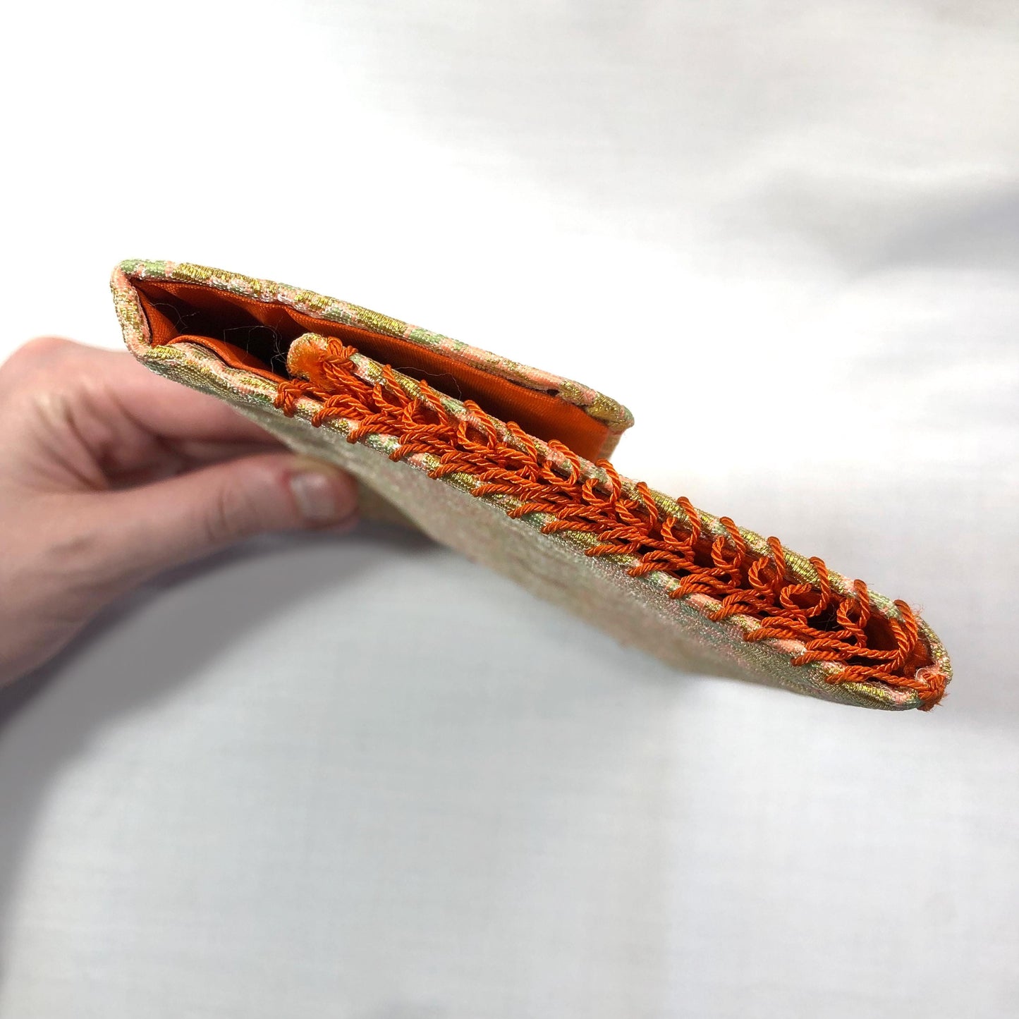 Vintage Japanese slim wallet /kaishi ire - salmon pink with golden and mint flowers