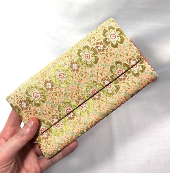 Vintage Japanese slim wallet /kaishi ire - salmon pink with golden and mint flowers