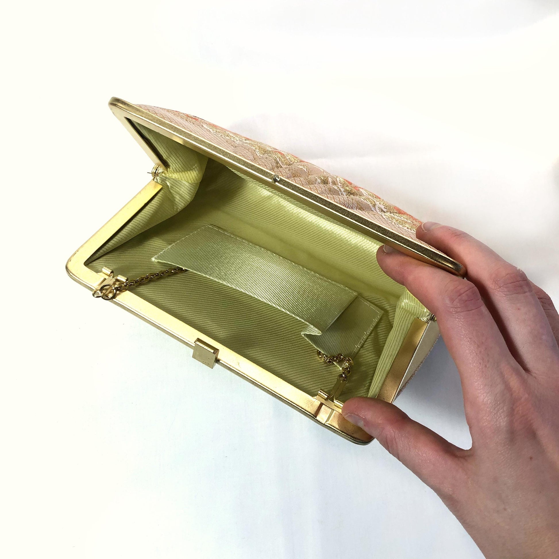 Vintage kimono handbag - two-way light gold with pine trees pattern