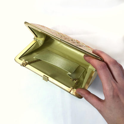 Vintage kimono handbag - two-way light gold with pine trees pattern