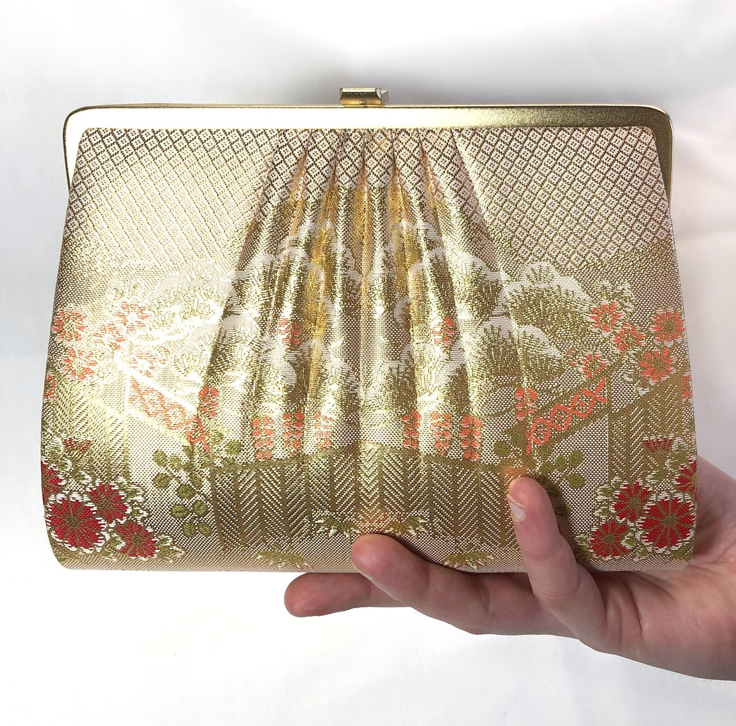Vintage kimono handbag - two-way light gold with pine trees pattern