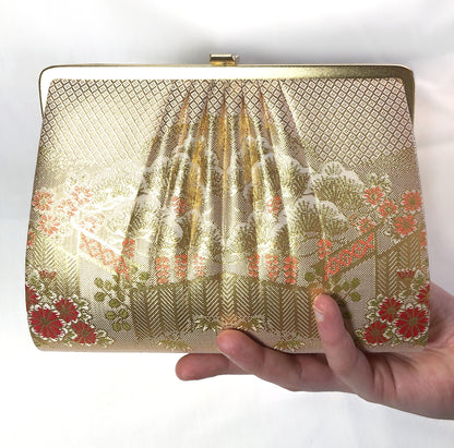 Vintage kimono handbag - two-way light gold with pine trees pattern