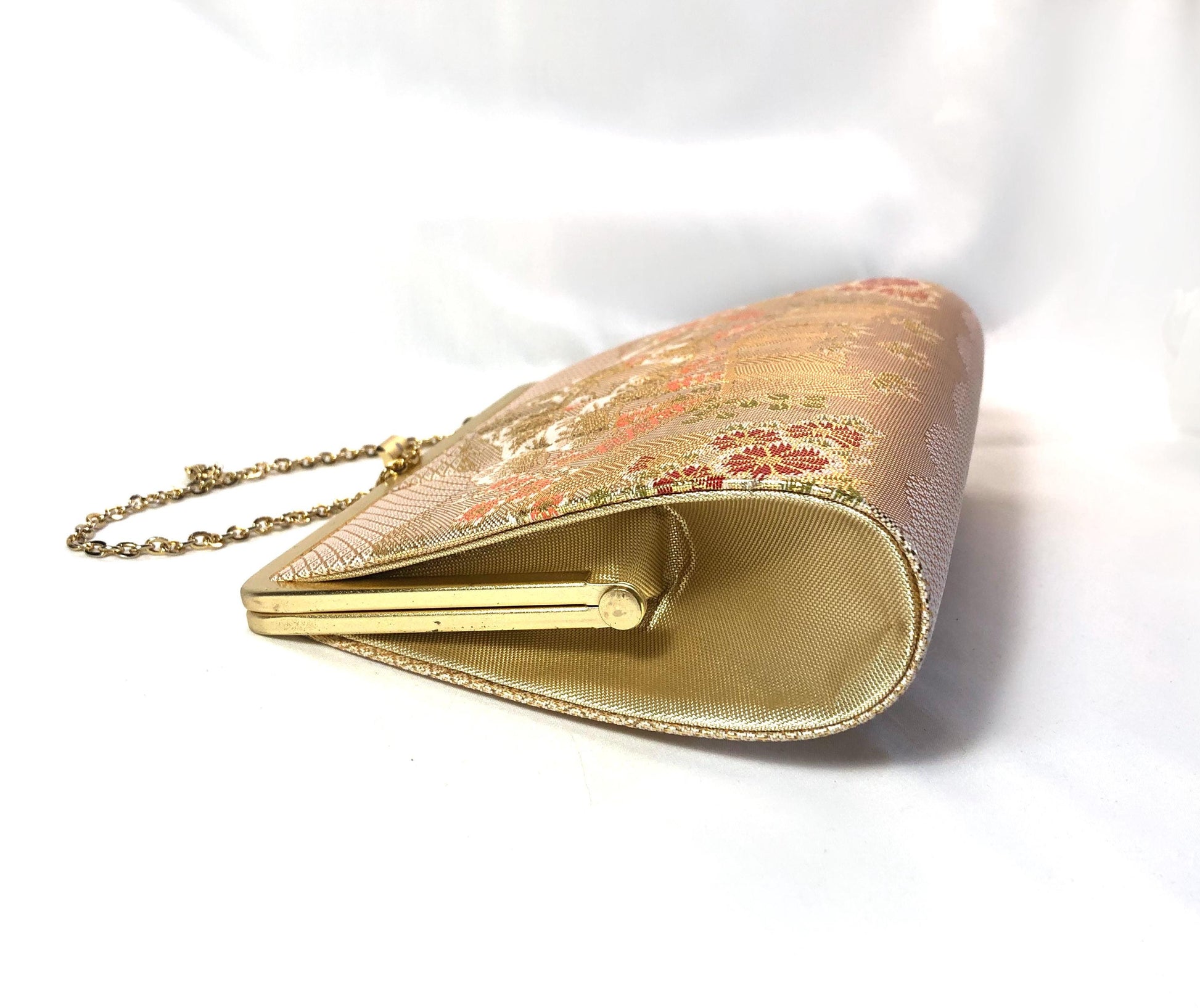 Vintage kimono handbag - two-way light gold with pine trees pattern