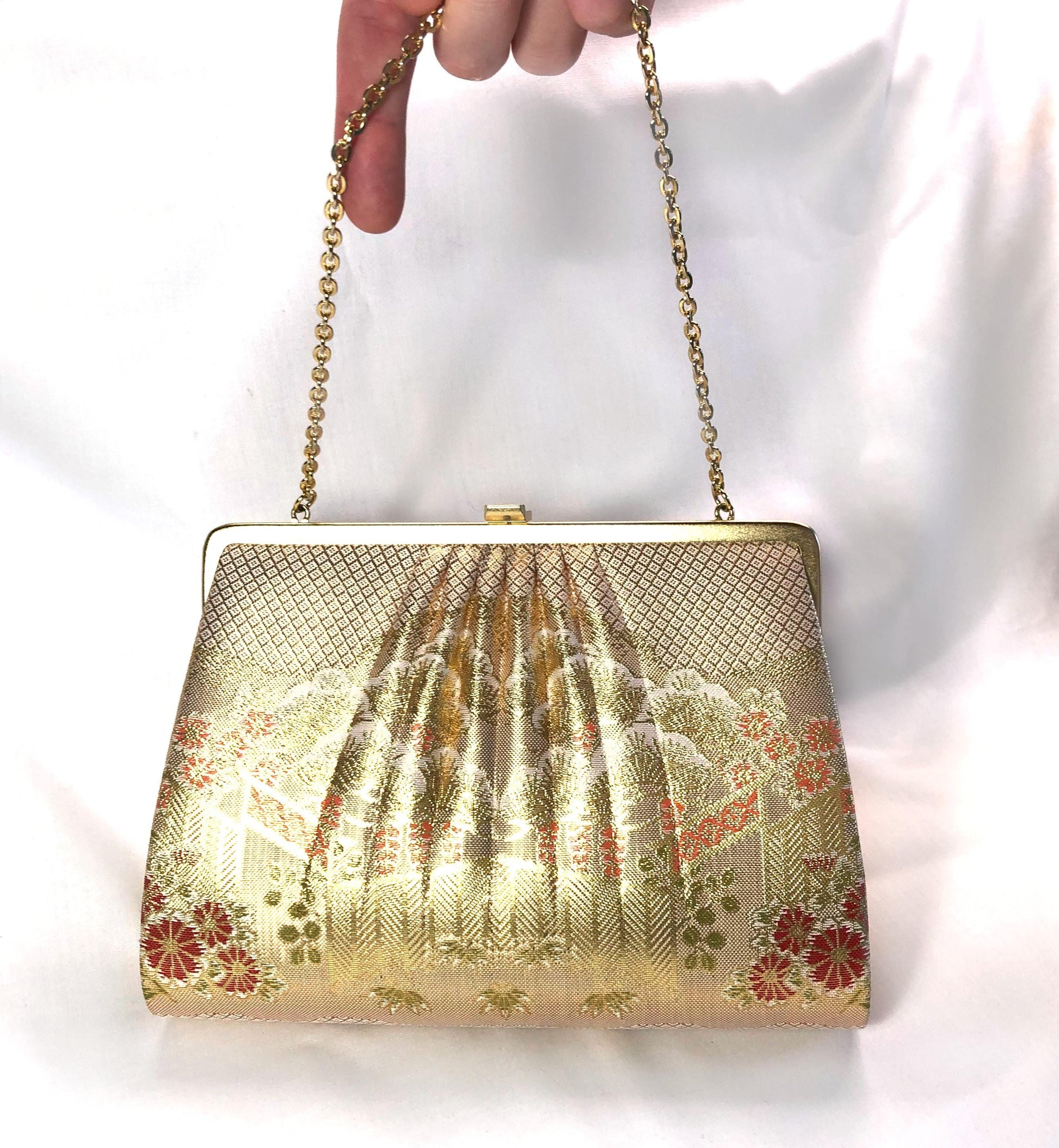 Vintage kimono handbag - two-way light gold with pine trees pattern