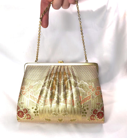 Vintage kimono handbag - two-way light gold with pine trees pattern
