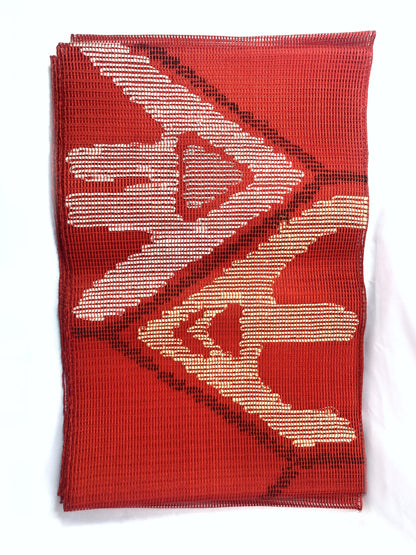 Japanese summer obi - vivid red wide mesh with abstract pattern
