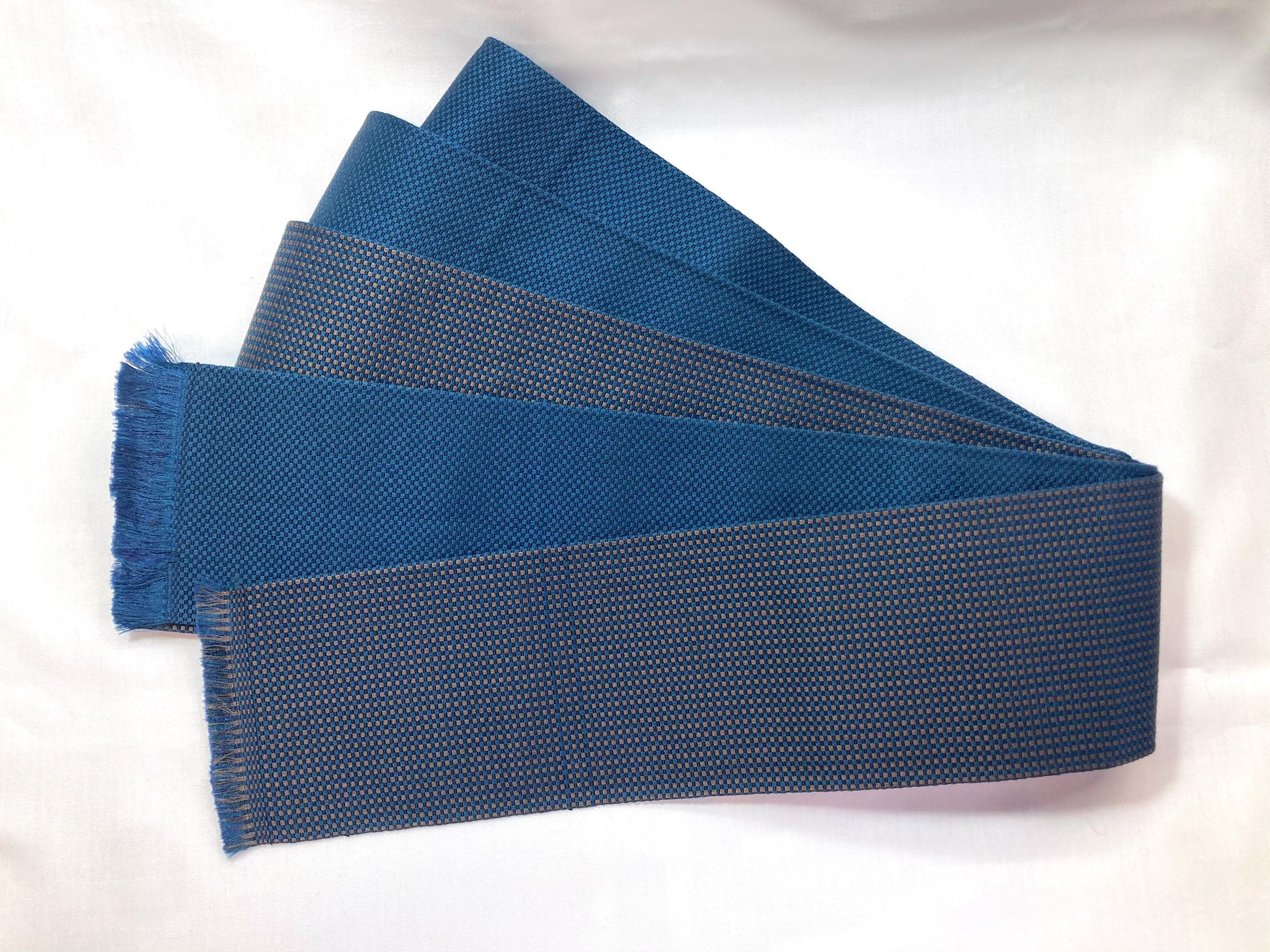 Vintage narrow kaku obi - navy blue and brown chequered