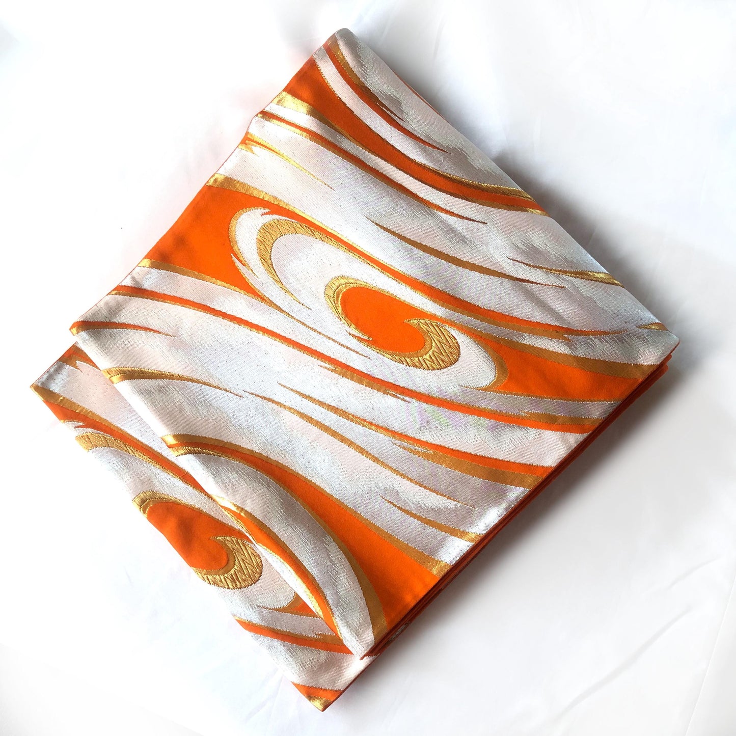 Fukuro obi - vivid orange with silver water swirls pattern