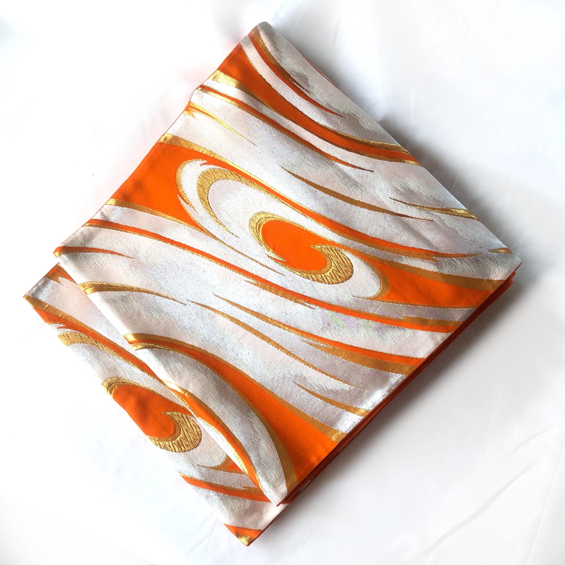 Fukuro obi - vivid orange with silver water swirls pattern