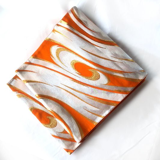 Fukuro obi - vivid orange with silver water swirls pattern