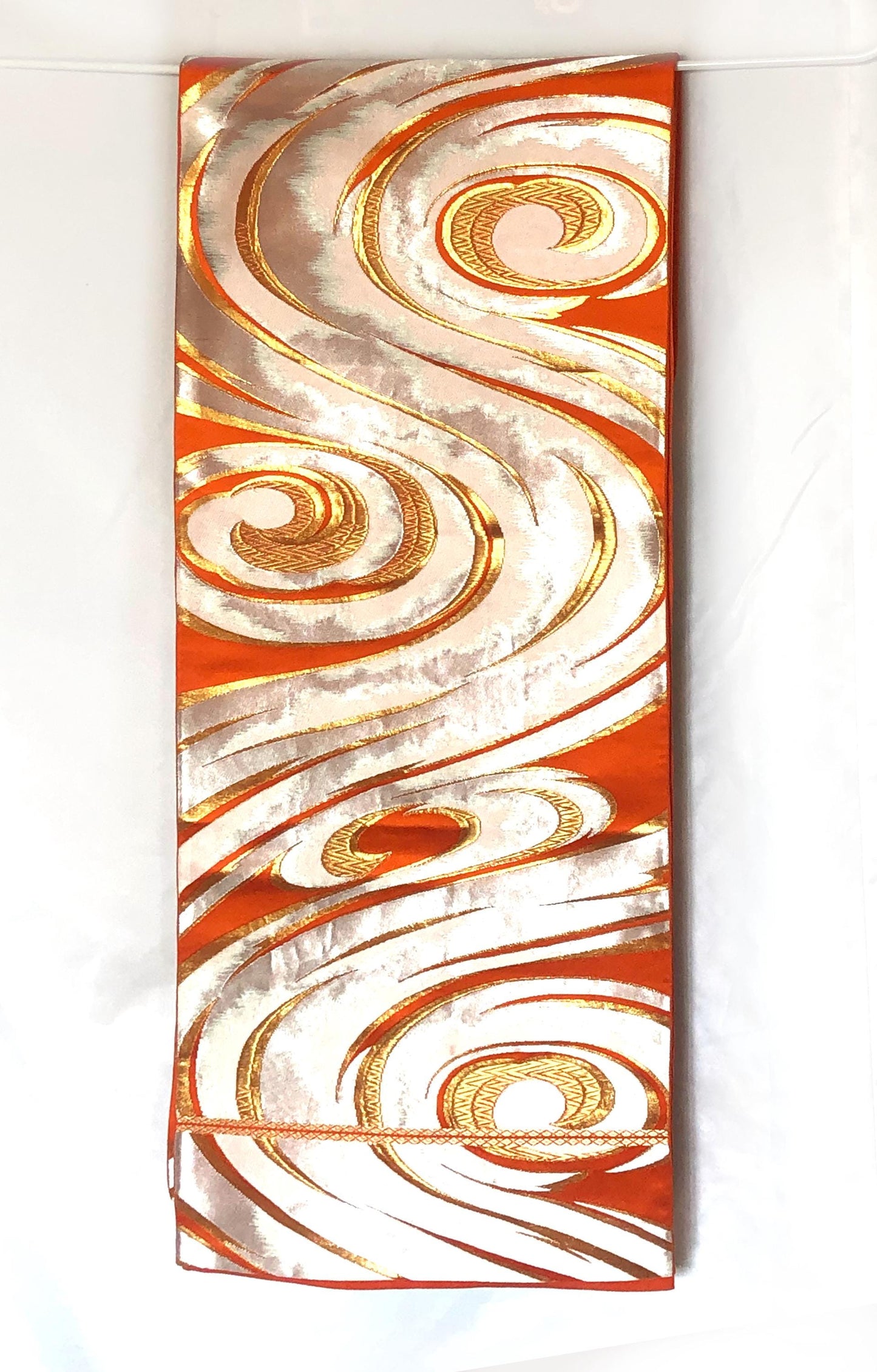 Fukuro obi - vivid orange with silver water swirls pattern