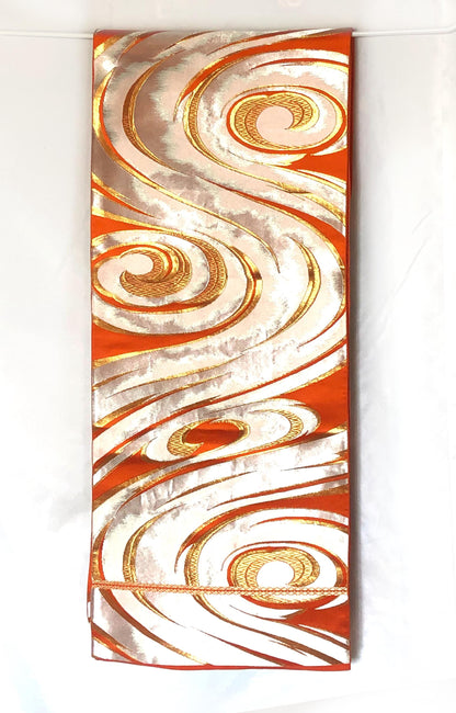 Fukuro obi - vivid orange with silver water swirls pattern