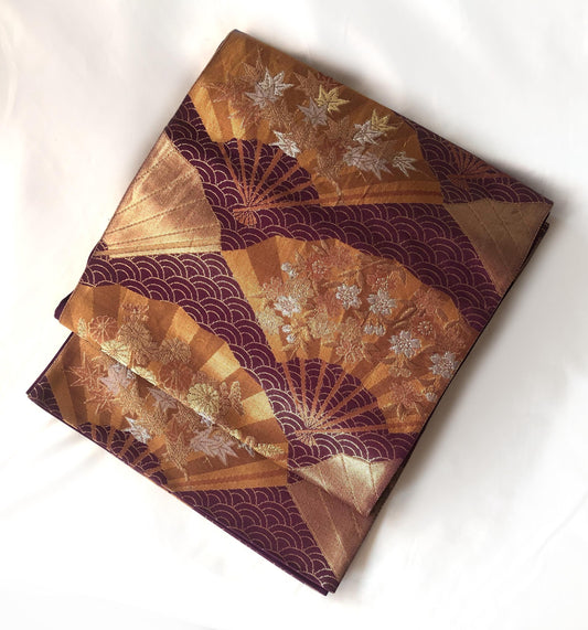 Fukuro obi - dark purple with bronze and gold hand fans pattern