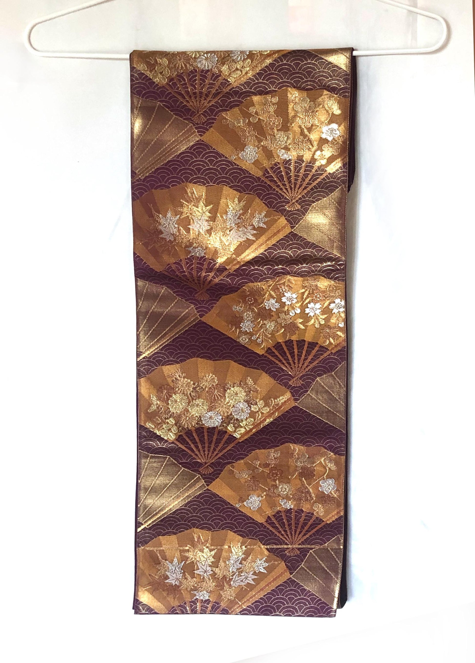 Fukuro obi - dark purple with bronze and gold hand fans pattern