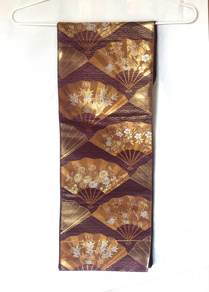 Fukuro obi - dark purple with bronze and gold hand fans pattern