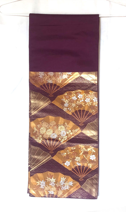Fukuro obi - dark purple with bronze and gold hand fans pattern