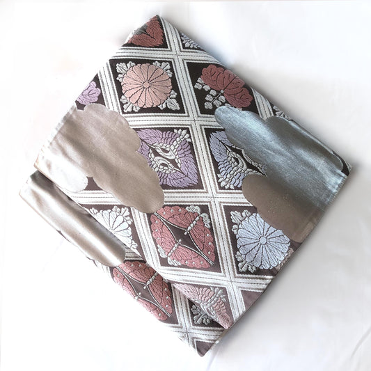 Fukuro obi - dusty pastel and silver family crests pattern