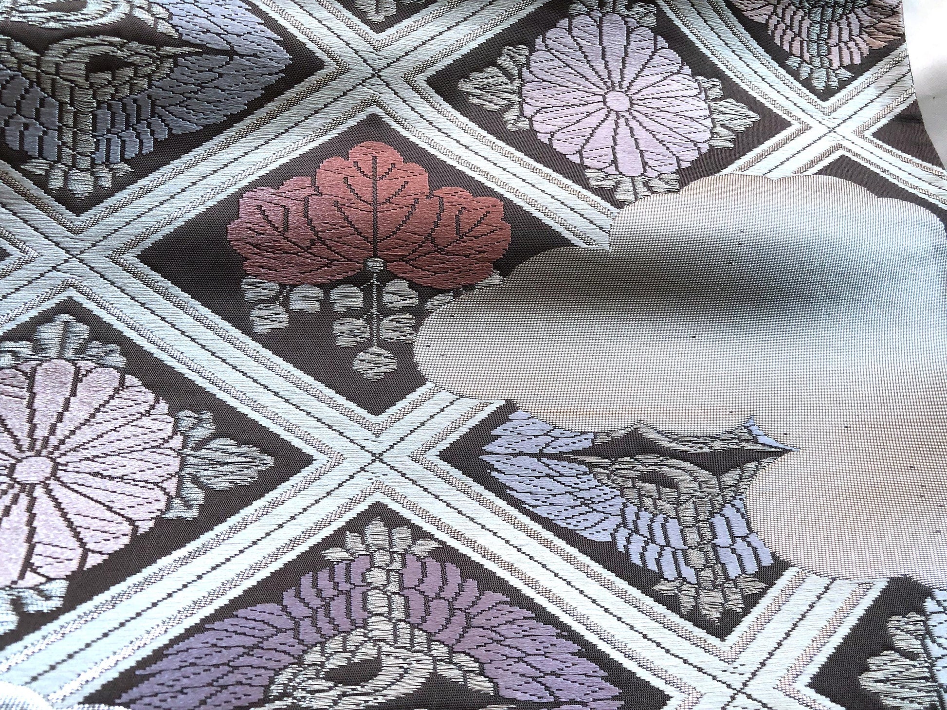 Fukuro obi - dusty pastel and silver family crests pattern