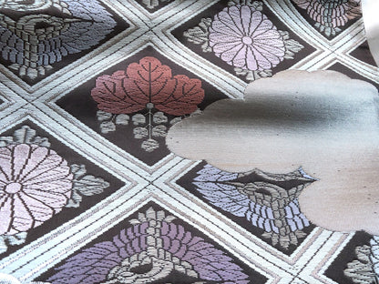 Fukuro obi - dusty pastel and silver family crests pattern