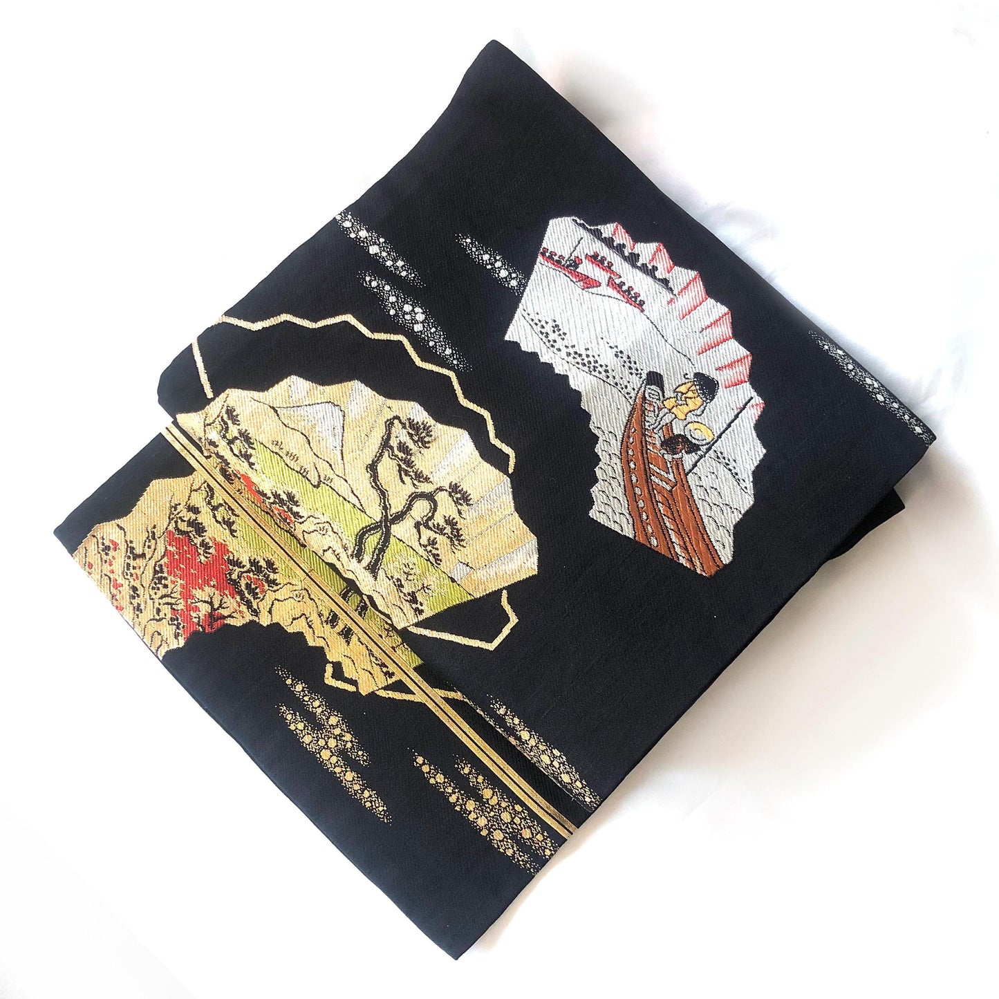 Vintage Nagoya obi - foldable fans with boats and Mt.Fuji pattern