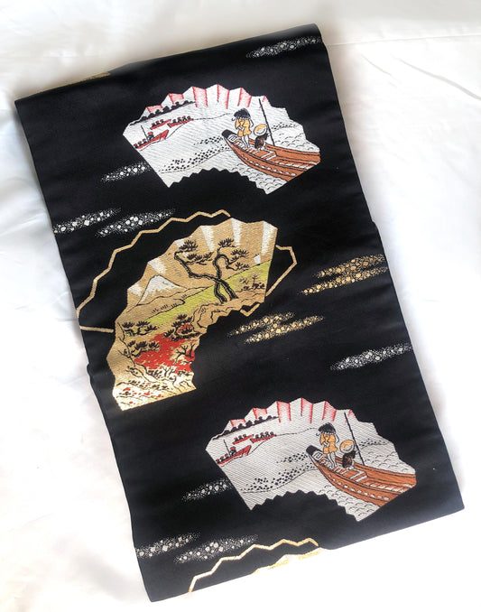 Vintage Nagoya obi - foldable fans with boats and Mt.Fuji pattern