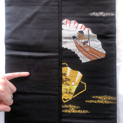Vintage Nagoya obi - foldable fans with boats and Mt.Fuji pattern