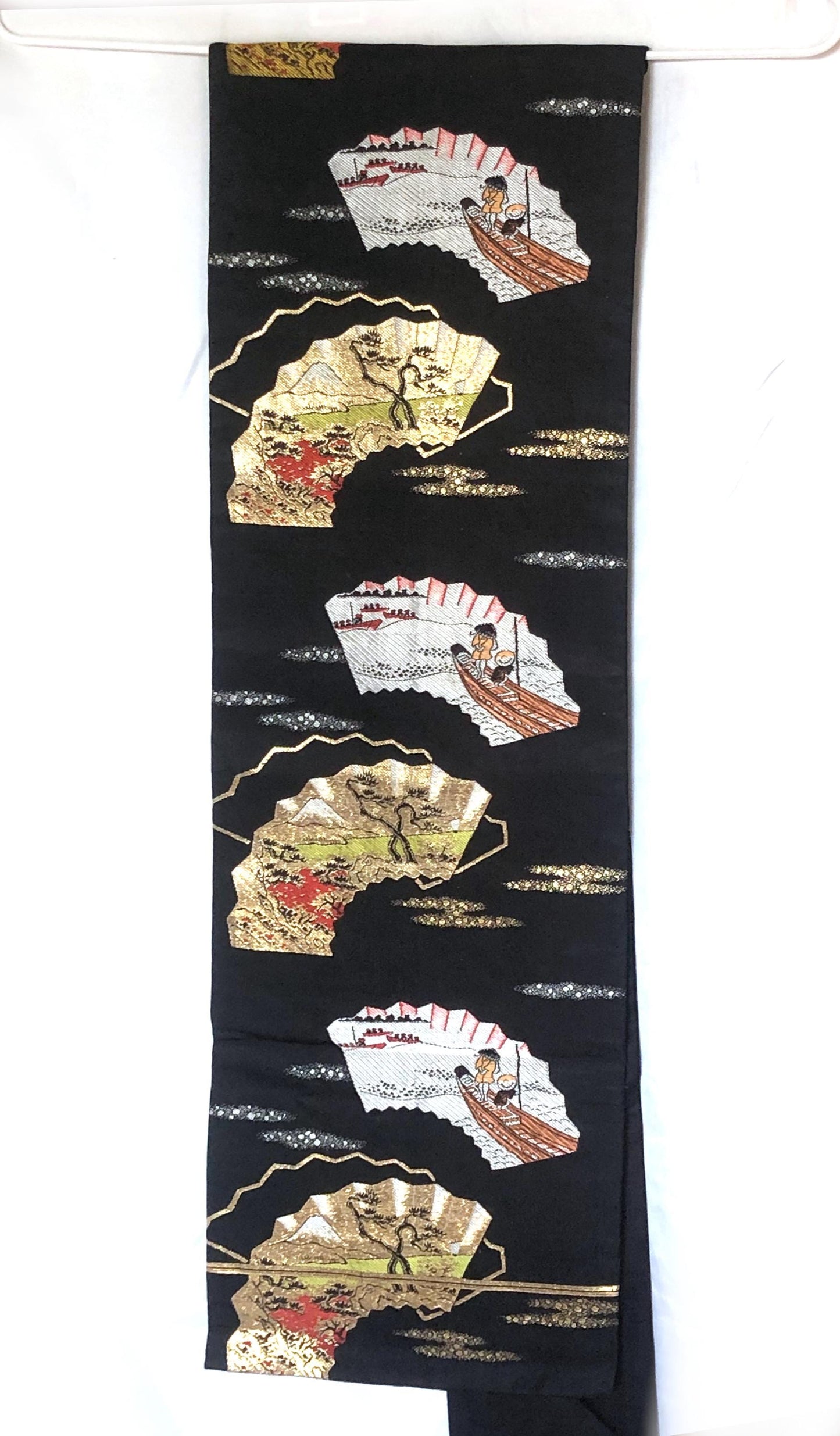 Vintage Nagoya obi - foldable fans with boats and Mt.Fuji pattern