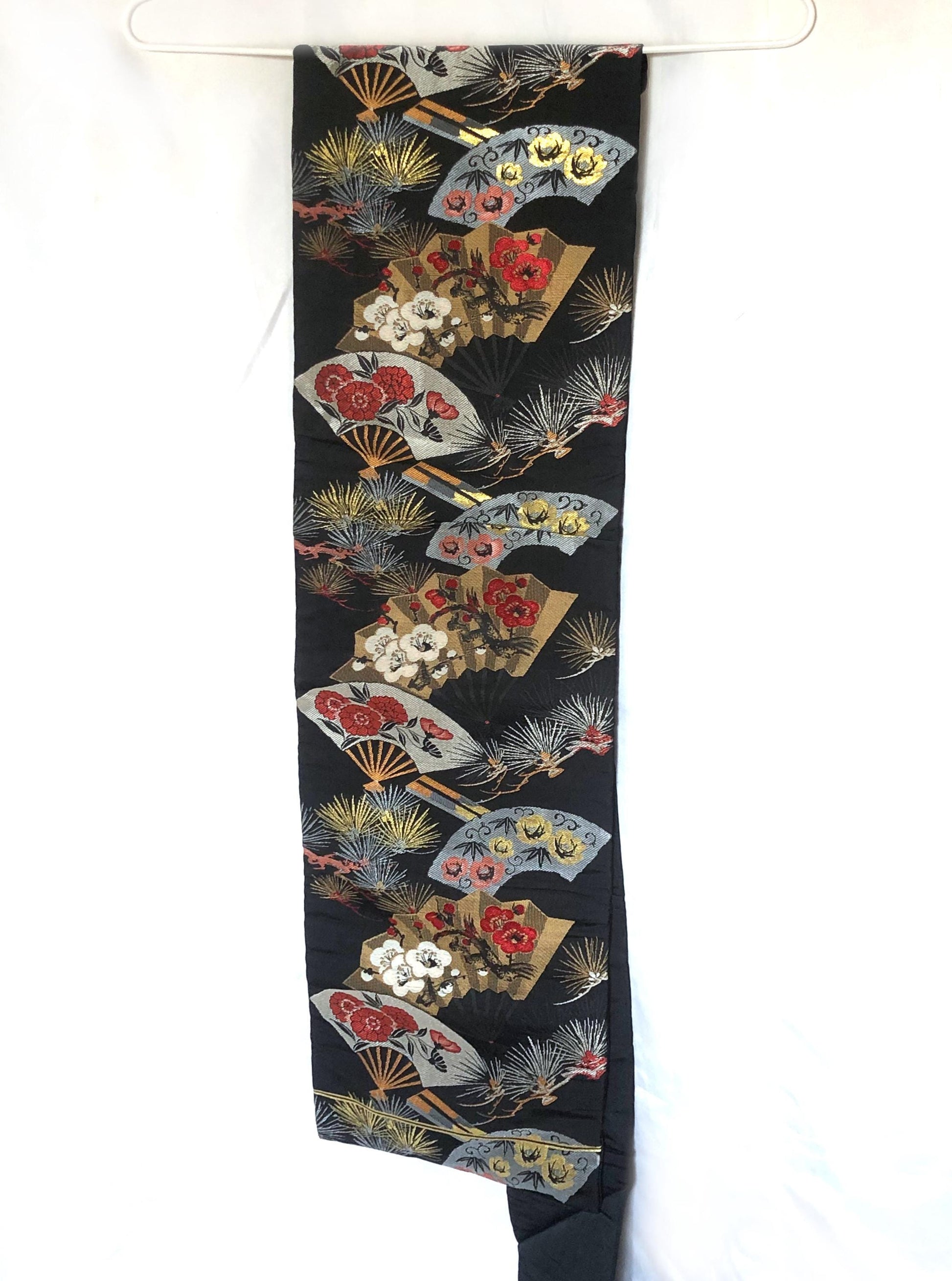 Vintage Nagoya obi - paper fans with floral pattern