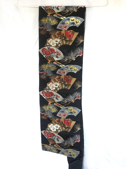 Vintage Nagoya obi - paper fans with floral pattern