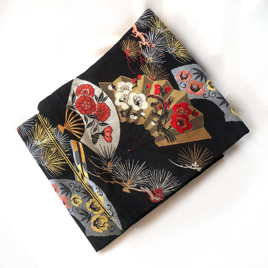 Vintage Nagoya obi - paper fans with floral pattern