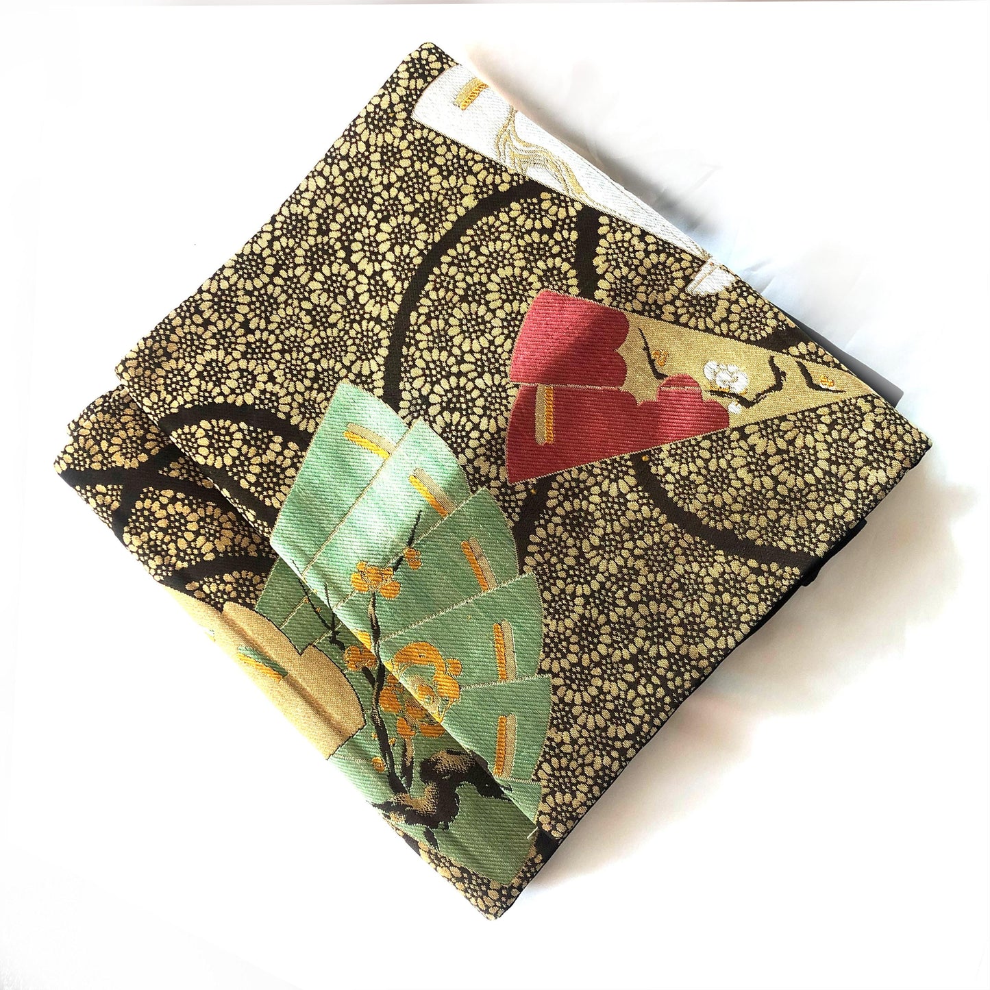 Vintage Nagoya obi - paper fans with floral pattern (B grade)