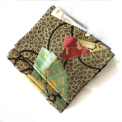 Vintage Nagoya obi - paper fans with floral pattern (B grade)