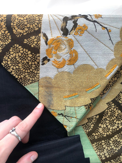 Vintage Nagoya obi - paper fans with floral pattern (B grade)