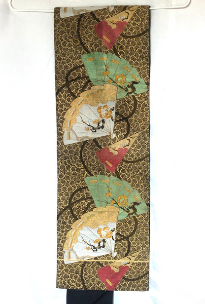 Vintage Nagoya obi - paper fans with floral pattern (B grade)
