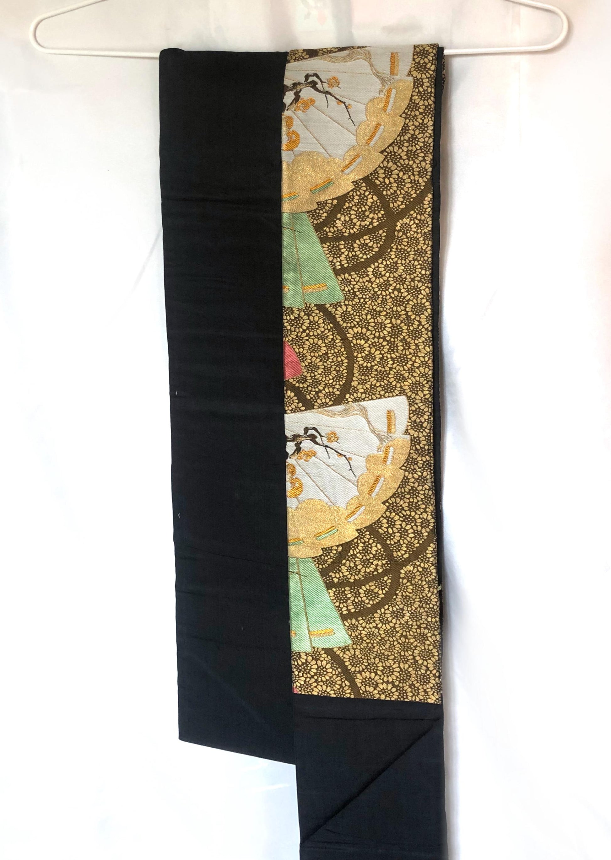 Vintage Nagoya obi - paper fans with floral pattern (B grade)