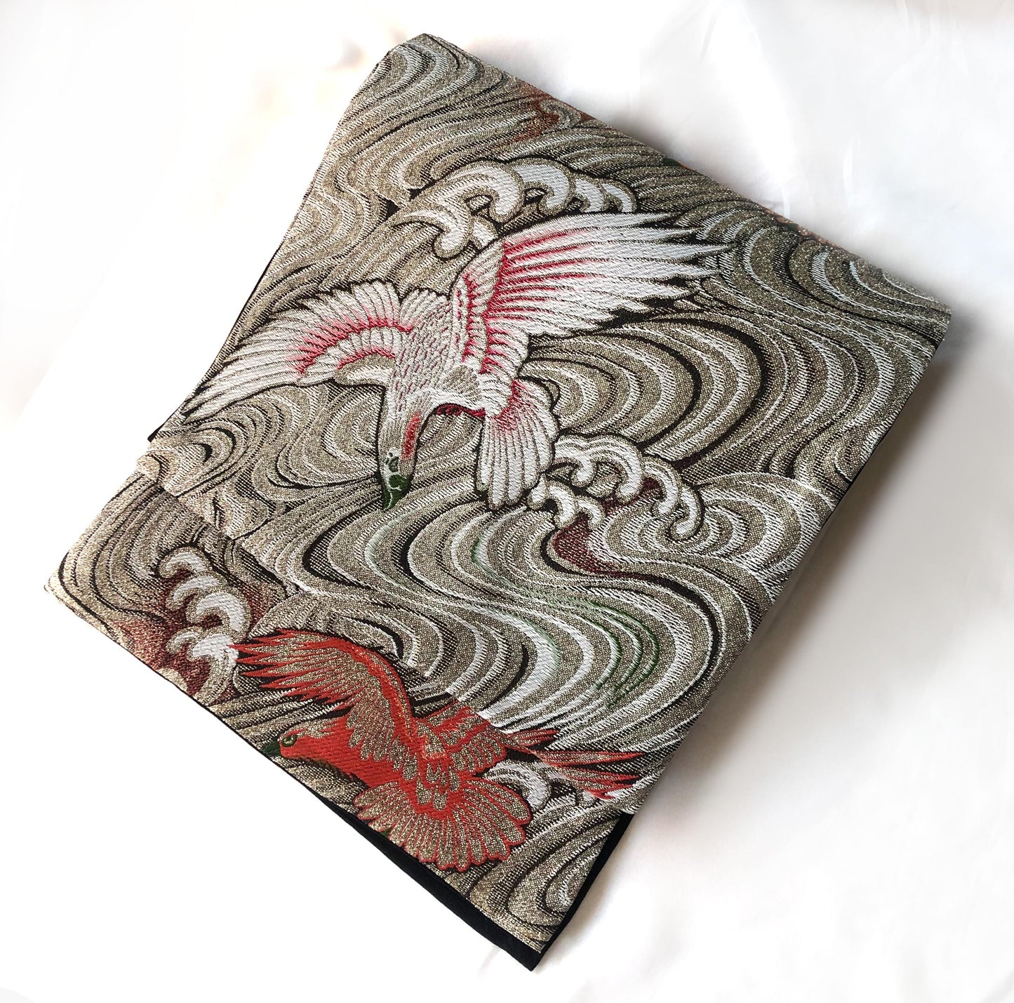 Vintage Nagoya obi - golden brocade with eagles over water pattern