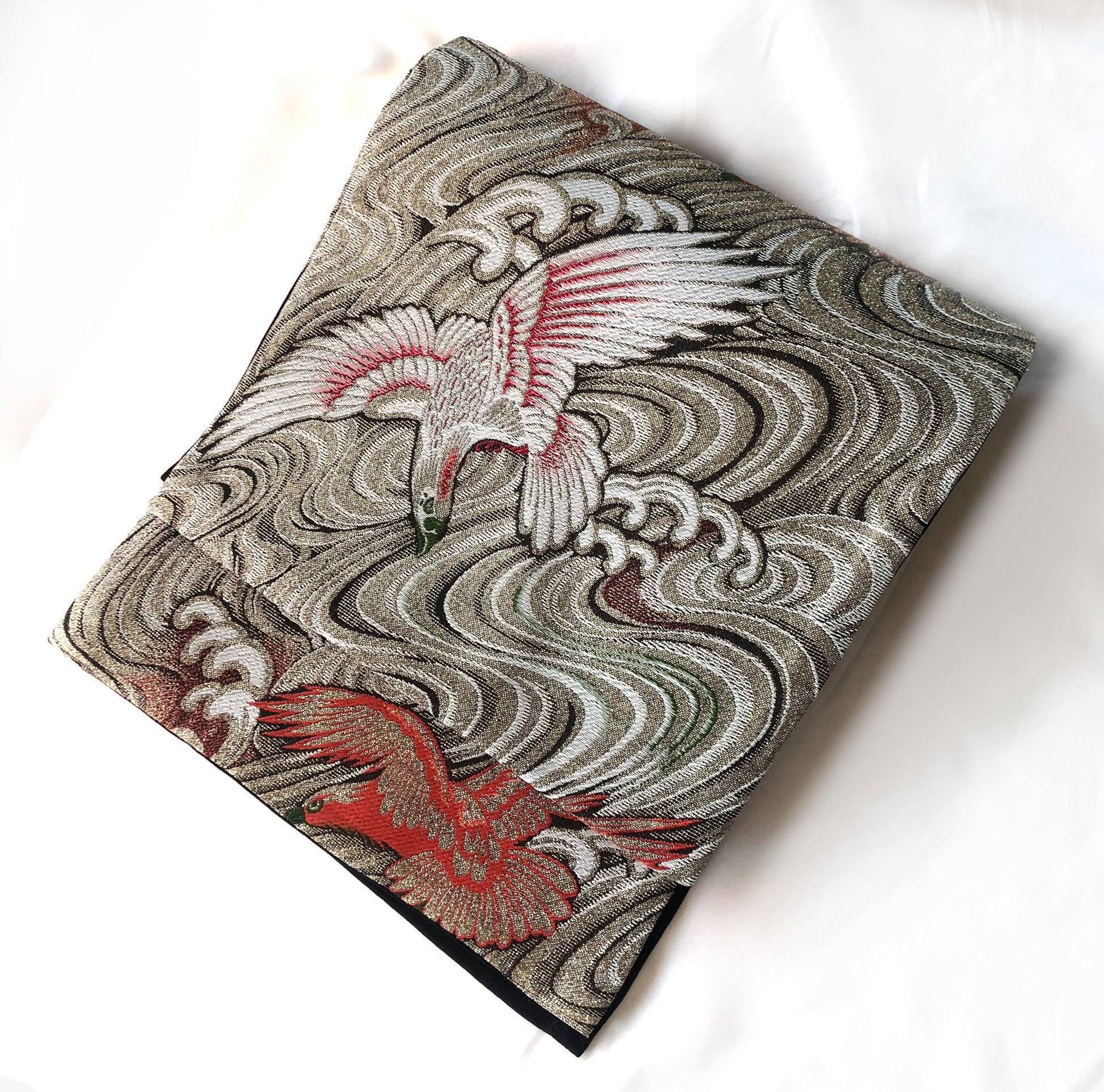 Vintage Nagoya obi - golden brocade with eagles over water pattern