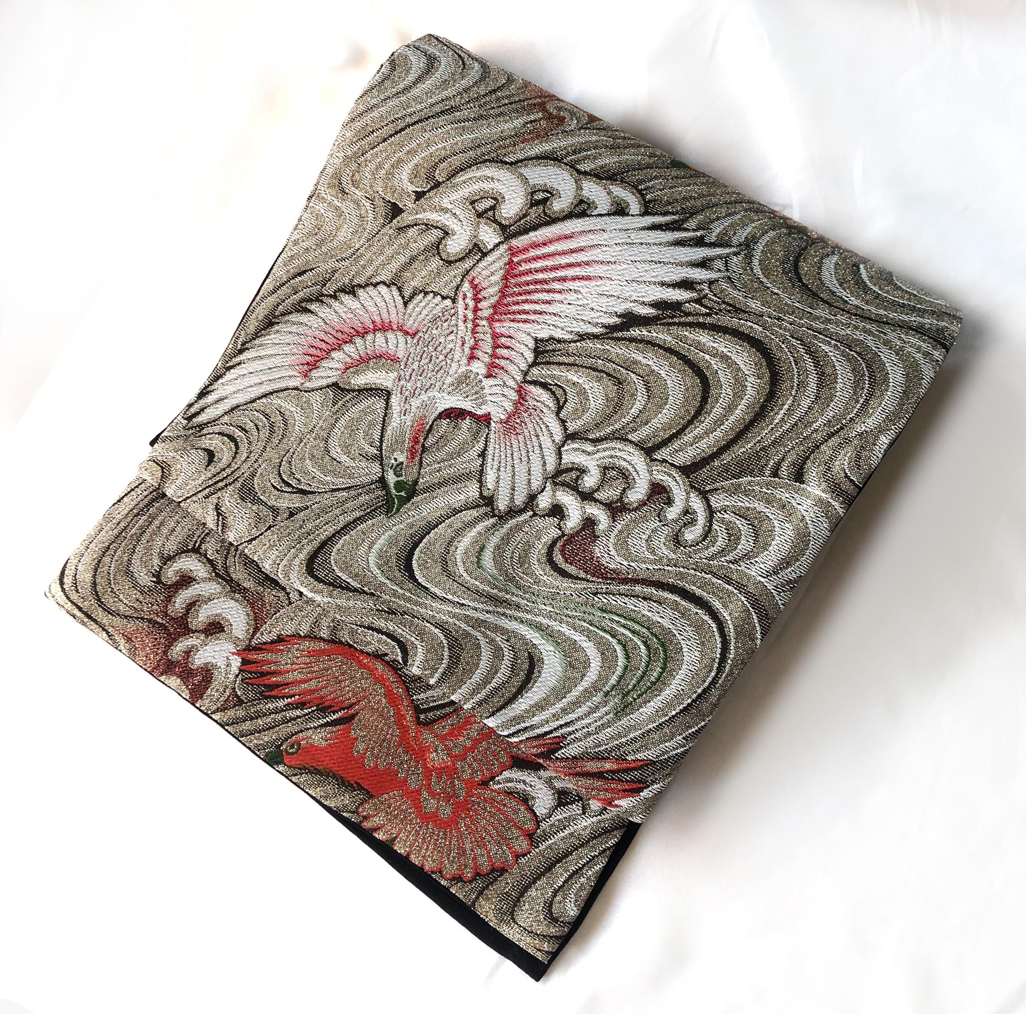 Vintage Nagoya obi - golden brocade with eagles over water pattern